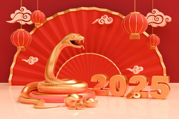 Snake is a symbol of the 2025 Chinese New Year. 3d render illustration of Golden Snake on a podium, gold ingots Yuan Bao, chinese lanterns, fan and coins. Zodiac Sign Snake, concept for lunar calendar - 770726336
