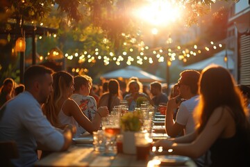 Group of people out of focus in summer outdoor restaurant. Summer vibe, atmosphere, sunset, lots of lights, celebration