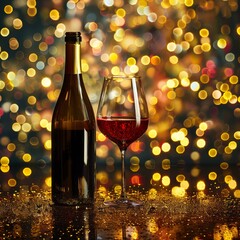 Elegant wine glass and bottle against a backdrop of golden bokeh lights, highlighting a luxurious and celebratory atmosphere with a warm, intimate vibe