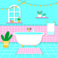 Bathroom in pastel colors with a claw-foot bathtub and decorative plants