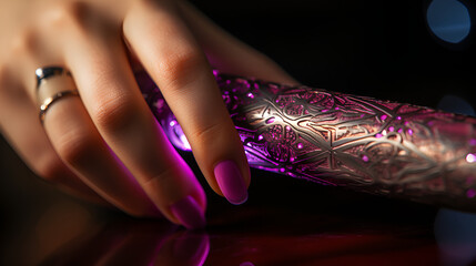 Technologies of the future. A woman's hand with implanted electronics which allows seamless interaction with both the physical and digital world.