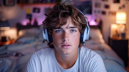 Young youtuber man in front of a computer in his room with headphones on his head