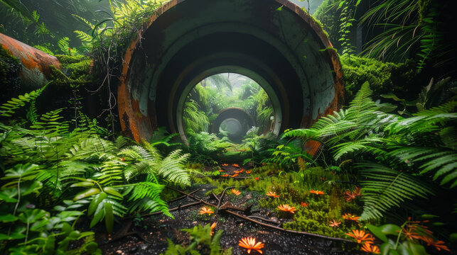 A tunnel with a green forest on either side