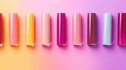 A row of colorful nail polish bottles lined up on a table