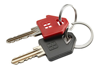 House and car keys with red and black fobs png on transparent background