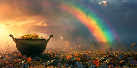 Idyllic Meadow: Rainbow and Pot of Gold Landscape - obrazy, fototapety, plakaty