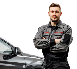Professional mechanic with arms crossed in front of car png on transparent background