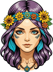 an illustration of a girl with sunflowers on her head