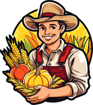 Vector illustration of a cartoon cheerful farmer in a wheat field holding harvested vegetables