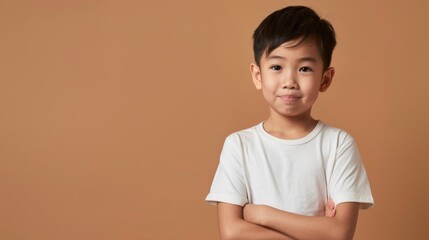 Asian Boy wearing  White Blank T-Shirt, Mockup on Studio Background