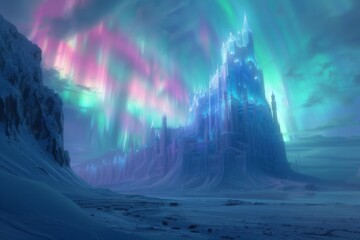 Glacial Majesty,The Frozen Citadel Stands Tall Amidst the Wintry Landscape, Bathed in the Glow of the Aurora Borealis
