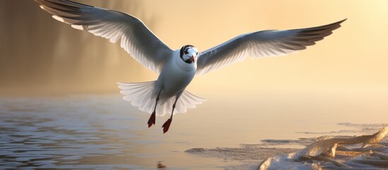 A seabird with feathers and wings flies gracefully over the water, its beak pointed down as it glides through the sky. This Charadriiformes species is a beautiful wildlife sight - obrazy, fototapety, plakaty