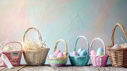 Fototapeta na wymiar Assorted Empty Easter Baskets in Various Shapes, Sizes, and Colors