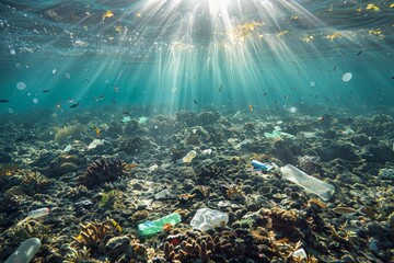 Fototapeta na wymiar Plastic trash covering the seabed