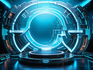 Obraz premium Futuristic Blue Hologram Display Background, Light hologram tech technology background, portal circle cyberpunk effect digital, hologram light blue hud, future futuristic data concept, neon abstract