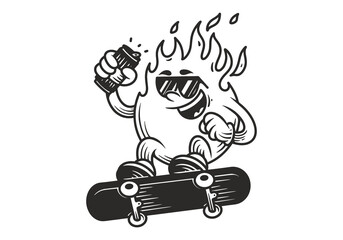 Line art character of fire flame jumping on the board