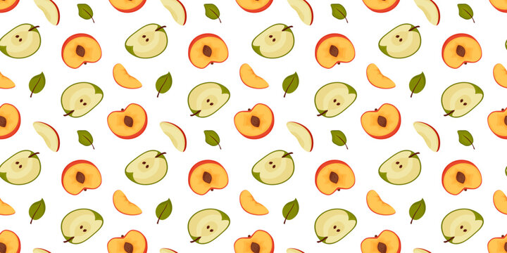 Apples and Peach whole and slice Seamless Pattern with leaves. Colorful bright vector fruit illustration. Summer bright organic nature vegan food suitable for wallpaper, kitchen textile