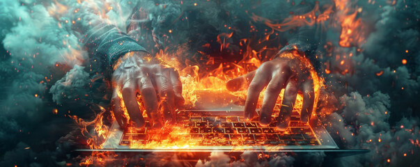 Hands calmly typing on a laptop as everything around descends into fire and smoke, a symbol of focus in crisis Calm, chaos. - obrazy, fototapety, plakaty