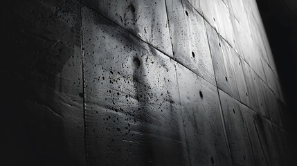 Dark concrete wall with a smooth surface and a few small holes. The wall is lit from the right side of the image, which creates a dramatic effect.