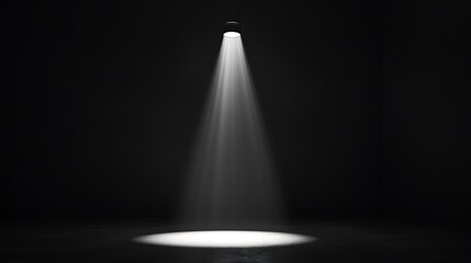 A spotlight shines down on an empty stage. The spotlight is bright and focused, creating a pool of light on the stage.