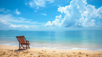The image shows a beautiful beach with white sand and clear blue water. The sky is blue and there are some white clouds.