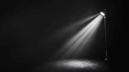 A spotlight shines brightly in an empty room. The spotlight is the only source of light in the room. The room is dark and mysterious.