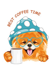 Smiling Pomeranian dog with a mug of coffee. Best coffee time