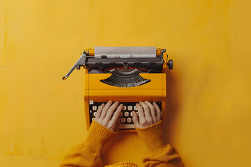 Inspired writer typing on a vintage typewriter, isolated on a creative mustard yellow background, channeling literary creativity - obrazy, fototapety, plakaty