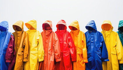 Colorful raincoats lined up against a colorful white background