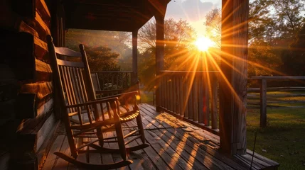 Foto op Plexiglas Golden Moments: Sun Bursting Through the Rocking Chair on the Front Porch © Solo Leveling