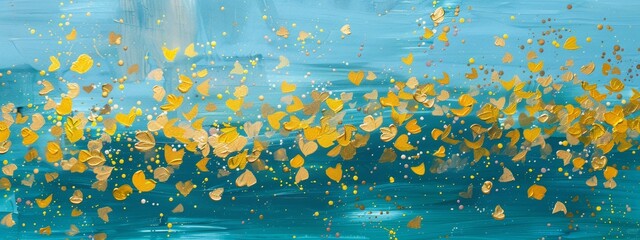 Abstract oil painting of gold falling flowers on blue background, golden yellow and turquoise color