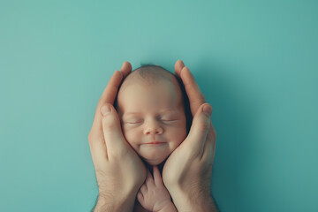 Proud parent embracing their newborn baby, isolated on a tender baby blue background, cherishing the joy and miracle of parenthood - obrazy, fototapety, plakaty