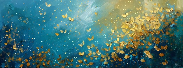 Fototapeta na wymiar Abstract oil painting of gold falling flowers on blue background, golden yellow and turquoise color