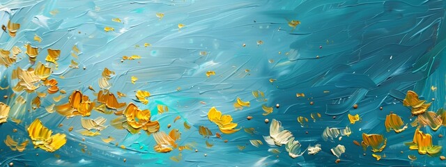 Abstract oil painting of gold falling flowers on blue background, golden yellow and turquoise color