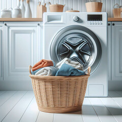 Laundry basket with towels and washing machine on white wooden floor