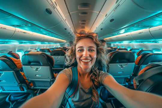 A female tourist takes a selfie on board an airplane. Safe flight concept.