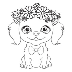 Cute puppy in a wreath flower,  Freehand sketch with pet. Linear flat vector illustration.  Black white contour simple sketch of decorative dog.  Coloring page with Animal 