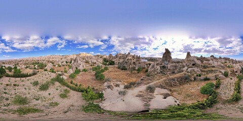 360 degree drone photo of Goreme featuring its fascinating landscape with rocks, bushes, and trees