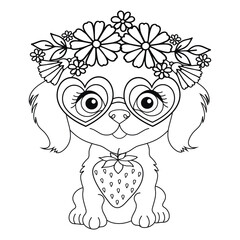 Puppy with glasses in a wreath flower,  Freehand sketch with pet. Linear flat vector illustration.  Black white contour simple sketch of decorative dog