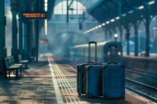 Two suitcases stand on the platform of the railway station. Travel, train travel, trip vacation
