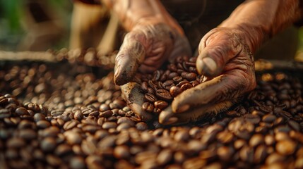 Artisan's Touch in Coffee Roasting: Close-up of Hands Inspecting Roasted Beans Texture