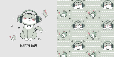 A children's seamless pattern with a funny kitten in headphones listening to music. Vector design for baby bedding, fabric, wallpaper, wrapping paper and more. - obrazy, fototapety, plakaty