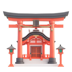 3D digital representation of a vibrant Japanese Shinto shrine with a welcoming entrance and lanterns - obrazy, fototapety, plakaty