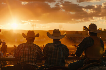 Cowboys enjoying a sunset view at a rodeo event, surrounded by a vibrant atmosphere