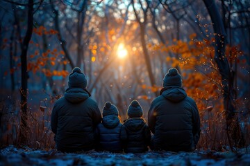 A family of four sits in the woods, with the sun shining through the trees