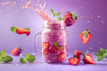 An epic stylized advertise photo of a fruit smoothie bursting energetically from a mason jar, along with slices of strawberry and mint leaves floating up, set against a matte lavender background - obrazy, fototapety, plakaty
