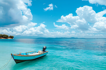 Naklejka na ściany i meble Yacht in turquoise ocean water against blue sky with white clouds and tropical island. Natural landscape for summer vacation