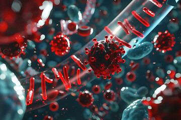 medical pharmaceutical research background with blood cells and virus cure using DNA genome...