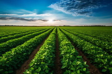 the beauty of a soybean plantation in full growth, with healthy green plants stretching across the field. The composition emphasizes the thriving agricultural landscape