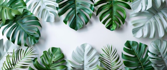 3d wallpaper white and green leaves, monstera leaf background wall art print, wallpaper design for interior mural painting, tropical plant texture, nature wall art